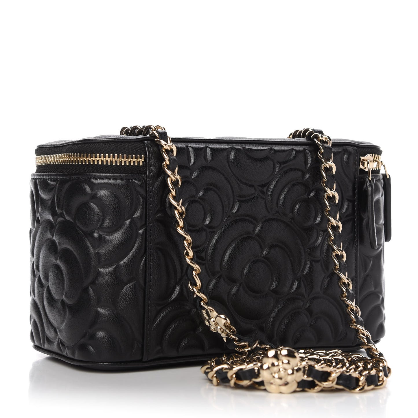 Lambskin Camellia Embossed Small Vanity Case With Chain Black