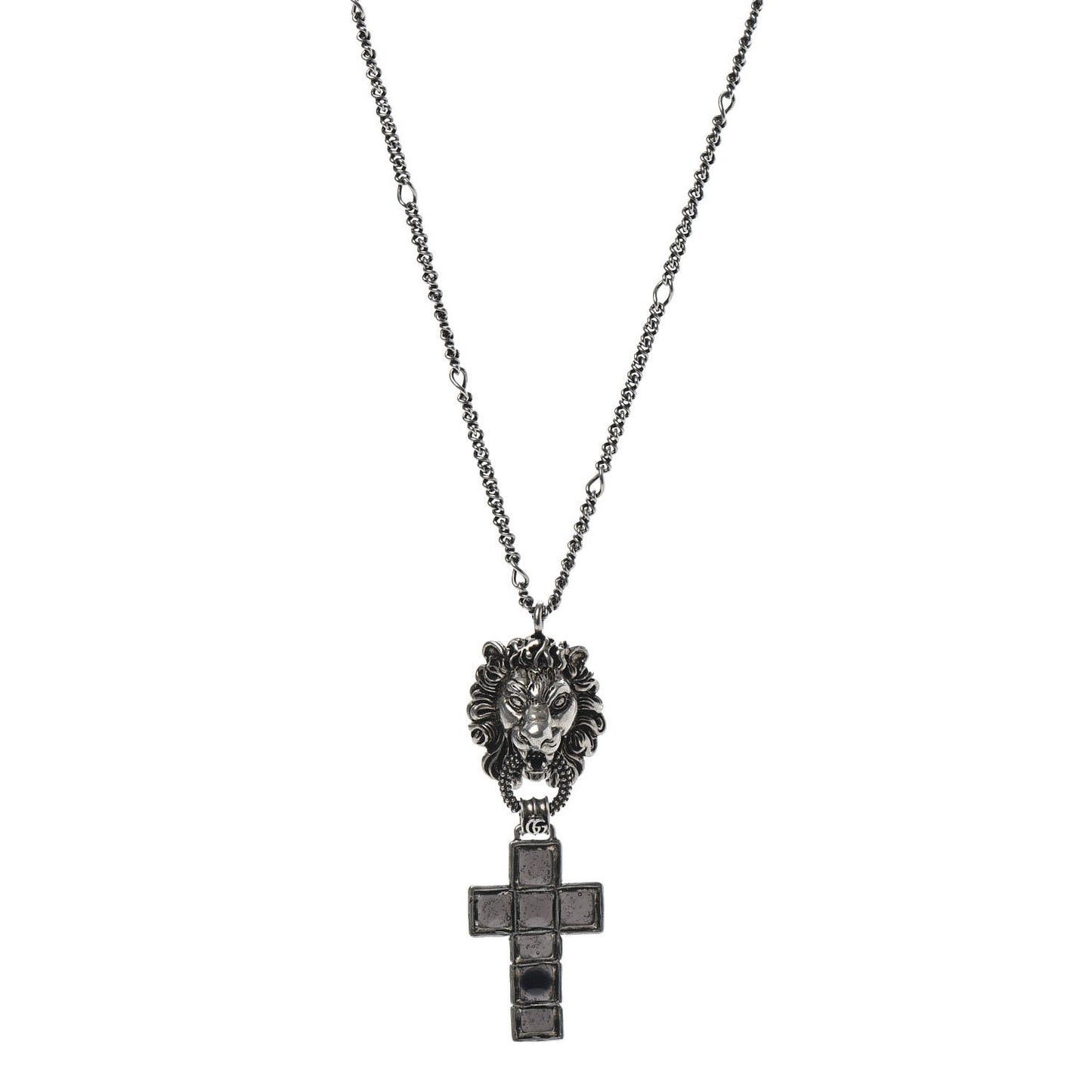 Enamel Brass Lion Head Crucifix Necklace Black