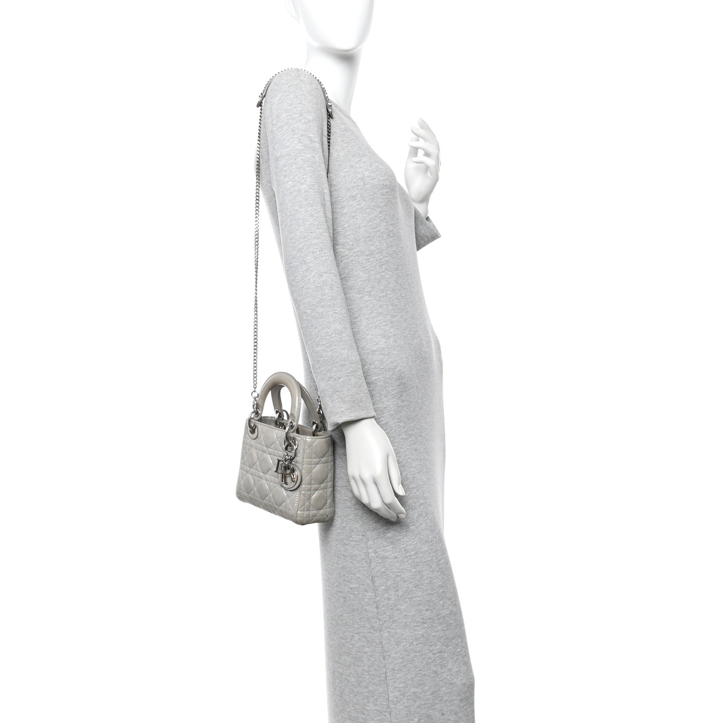 Metallic Lambskin Cannage Mini Lady Dior Silver