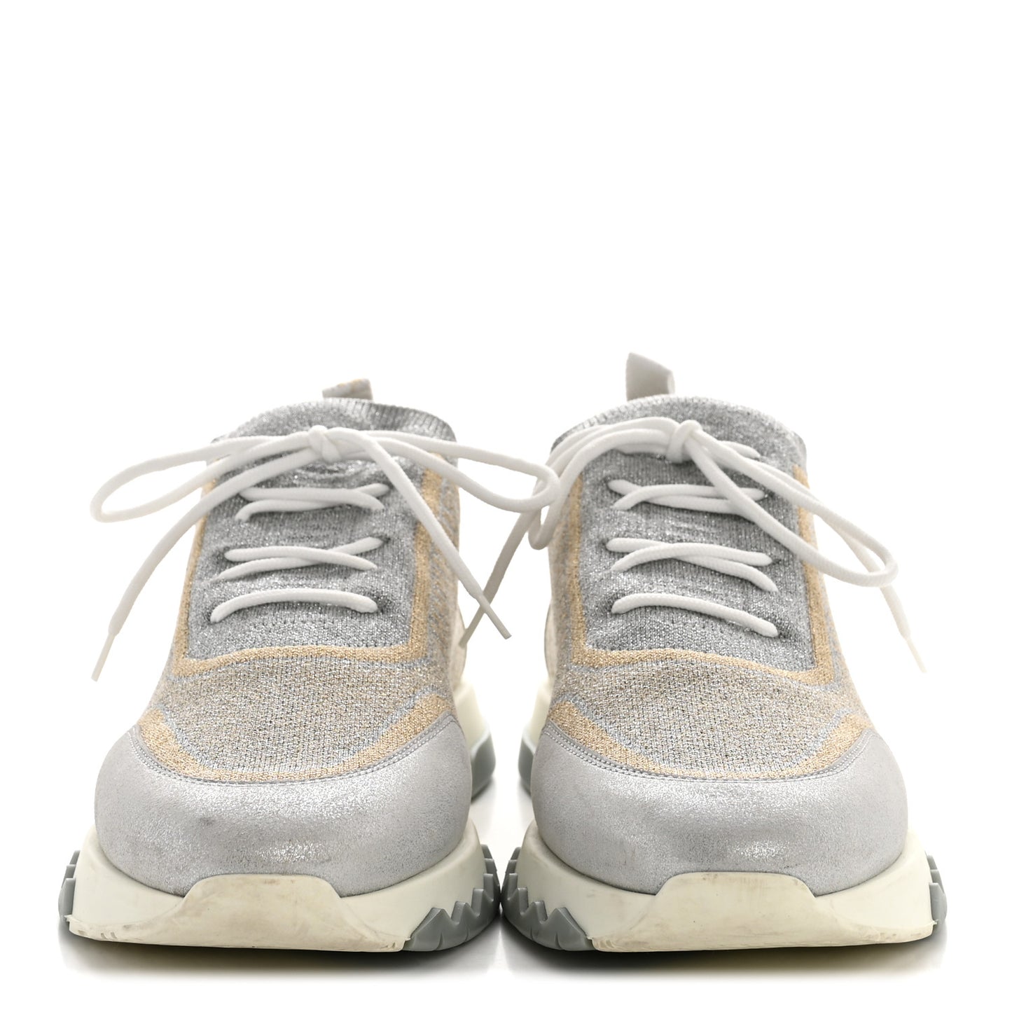 Metallic Knit Calfskin Suede Goatskin Bi-Color Womens Addict Sneakers 40 Multicolor Gris Argent