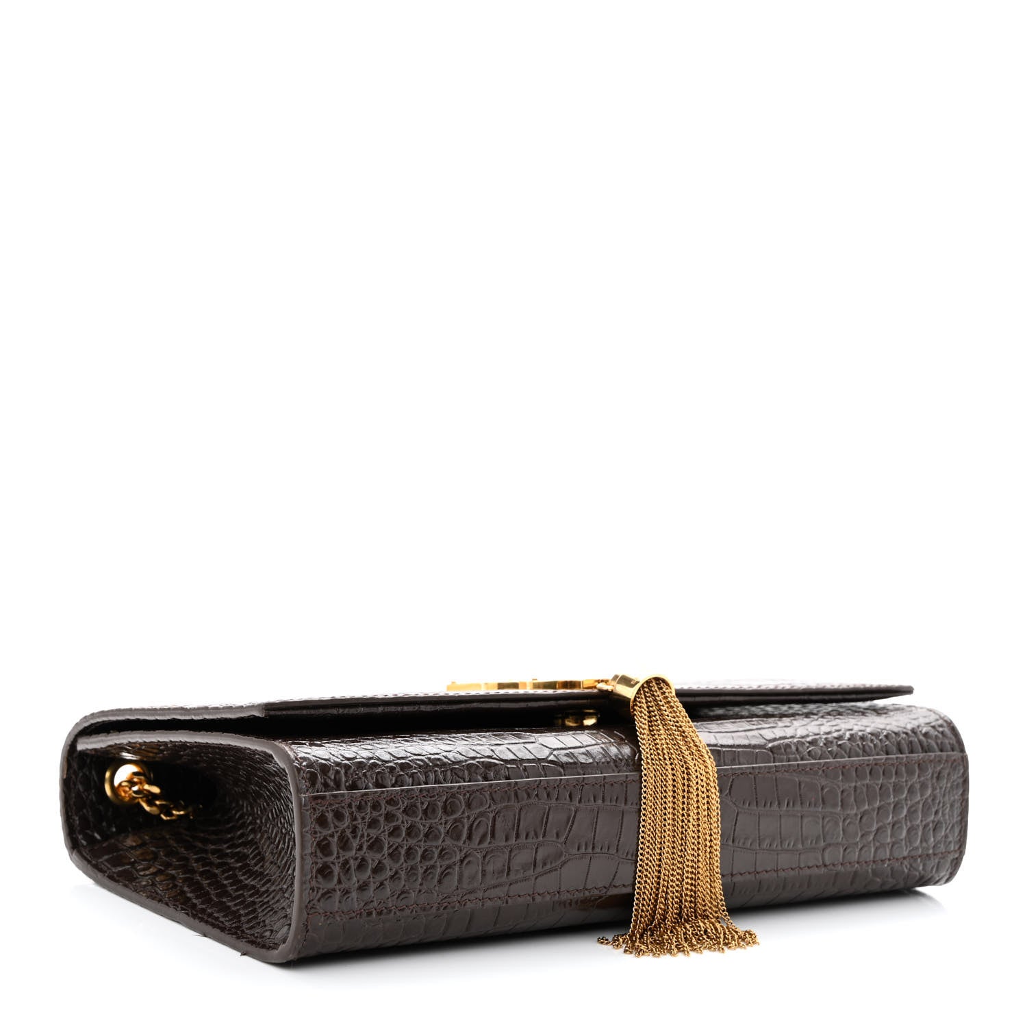 Saint Laurent Calfskin Crocodile Embossed Medium Classic Monogram Kate Tassel Satchel Dark Brown 4 of 15