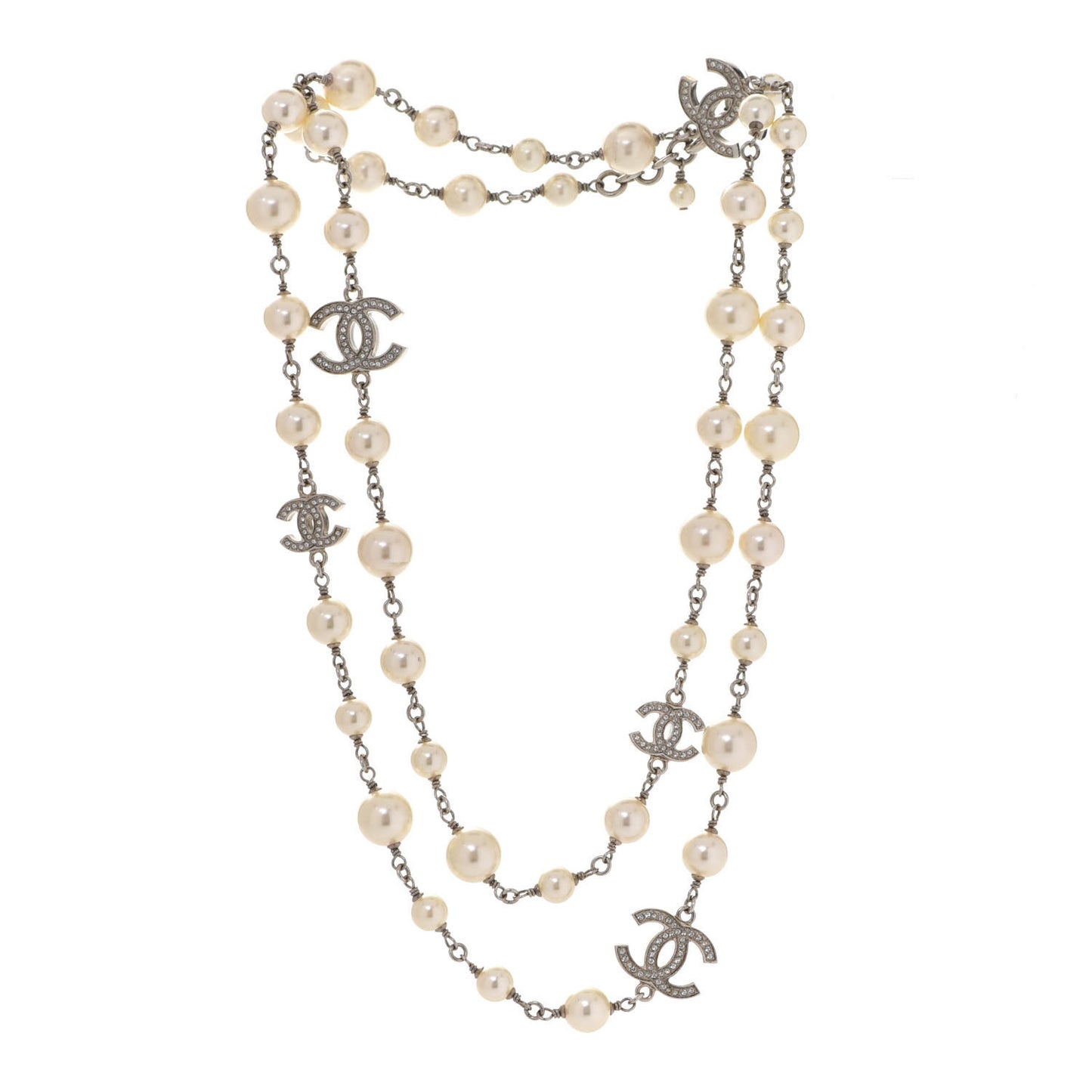 Graduated Pearl Crystal CC Long Necklace Silver