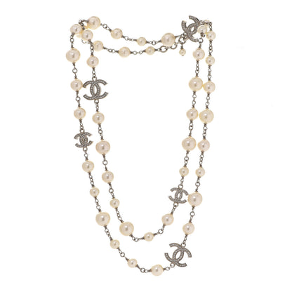 Chanel Graduated Pearl Crystal CC Long Necklace Silver 3 of 6