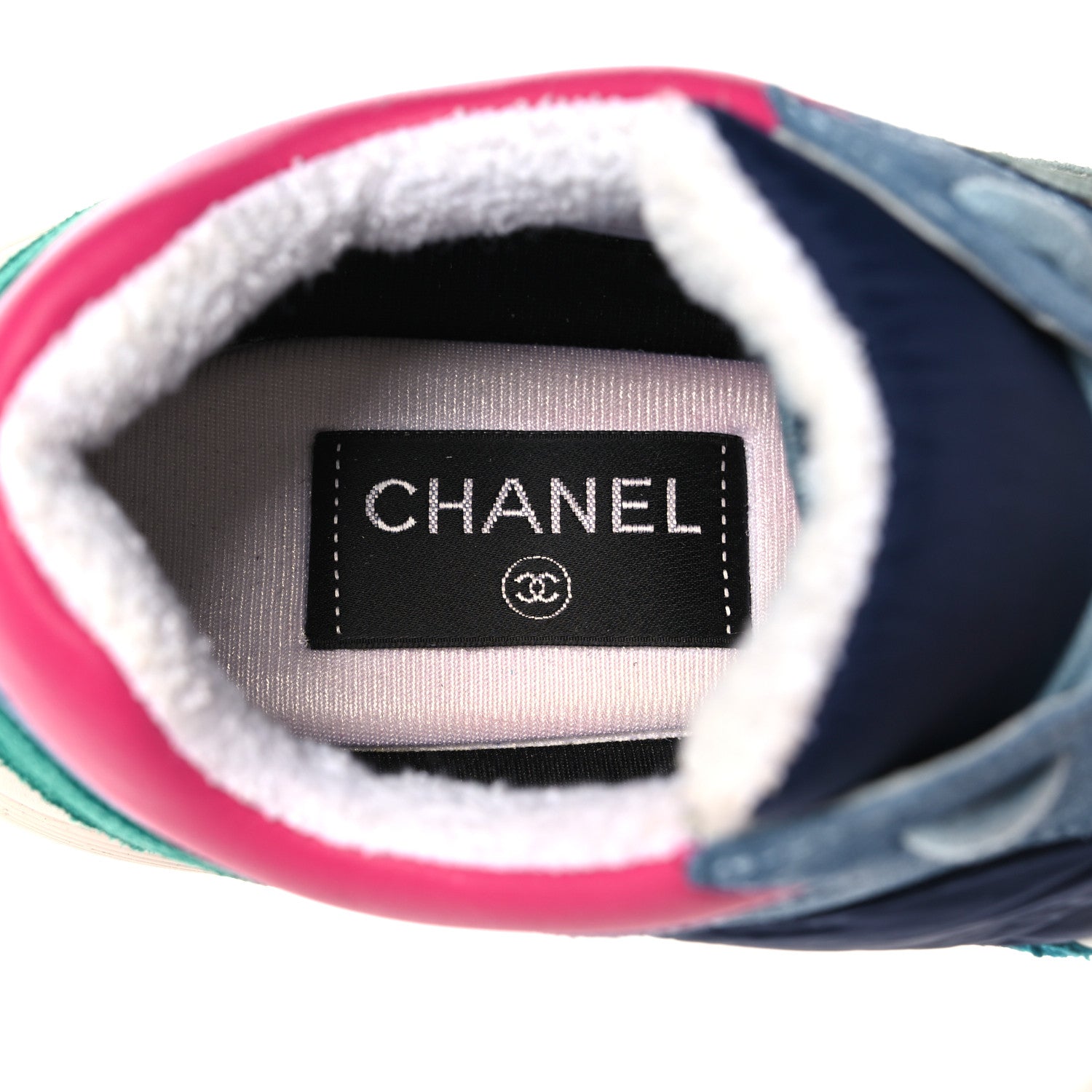 Chanel Nylon Calfskin Suede CC Sneakers 39.5 Navy Turquoise 7 of 16