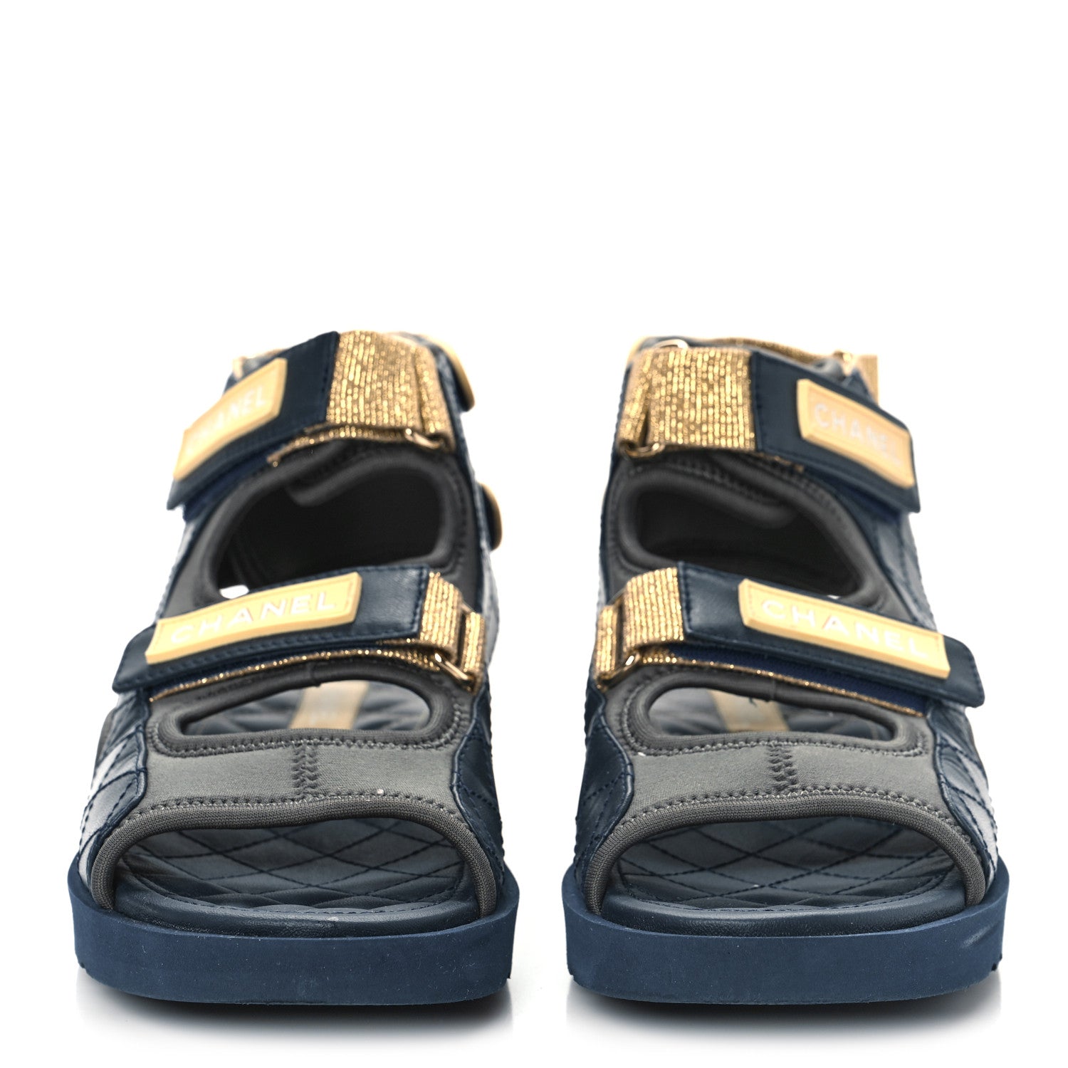 Chanel Goatskin Fabric TPU Gladiator Sandals 37 Navy Dark Grey Yellow 2 of 10