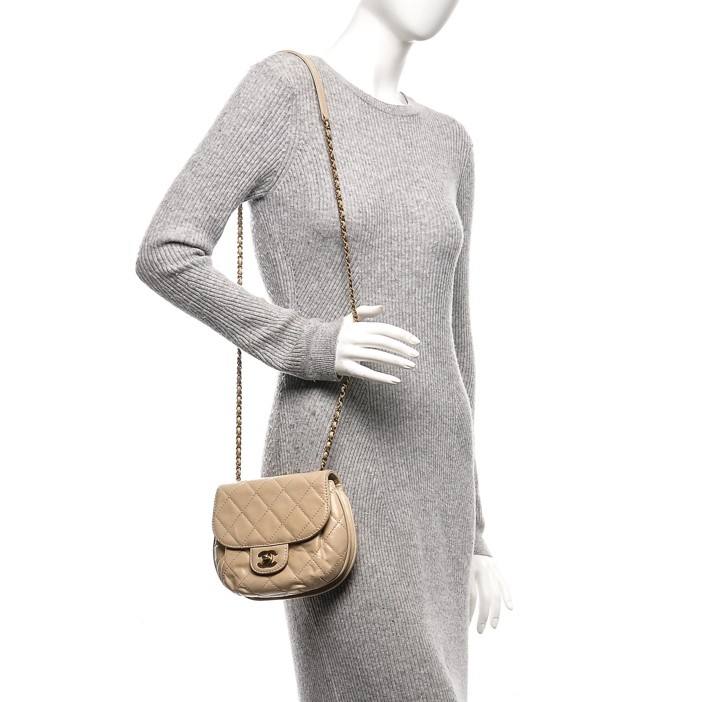 Aged Calfskin Small Bubble CC Flap Beige