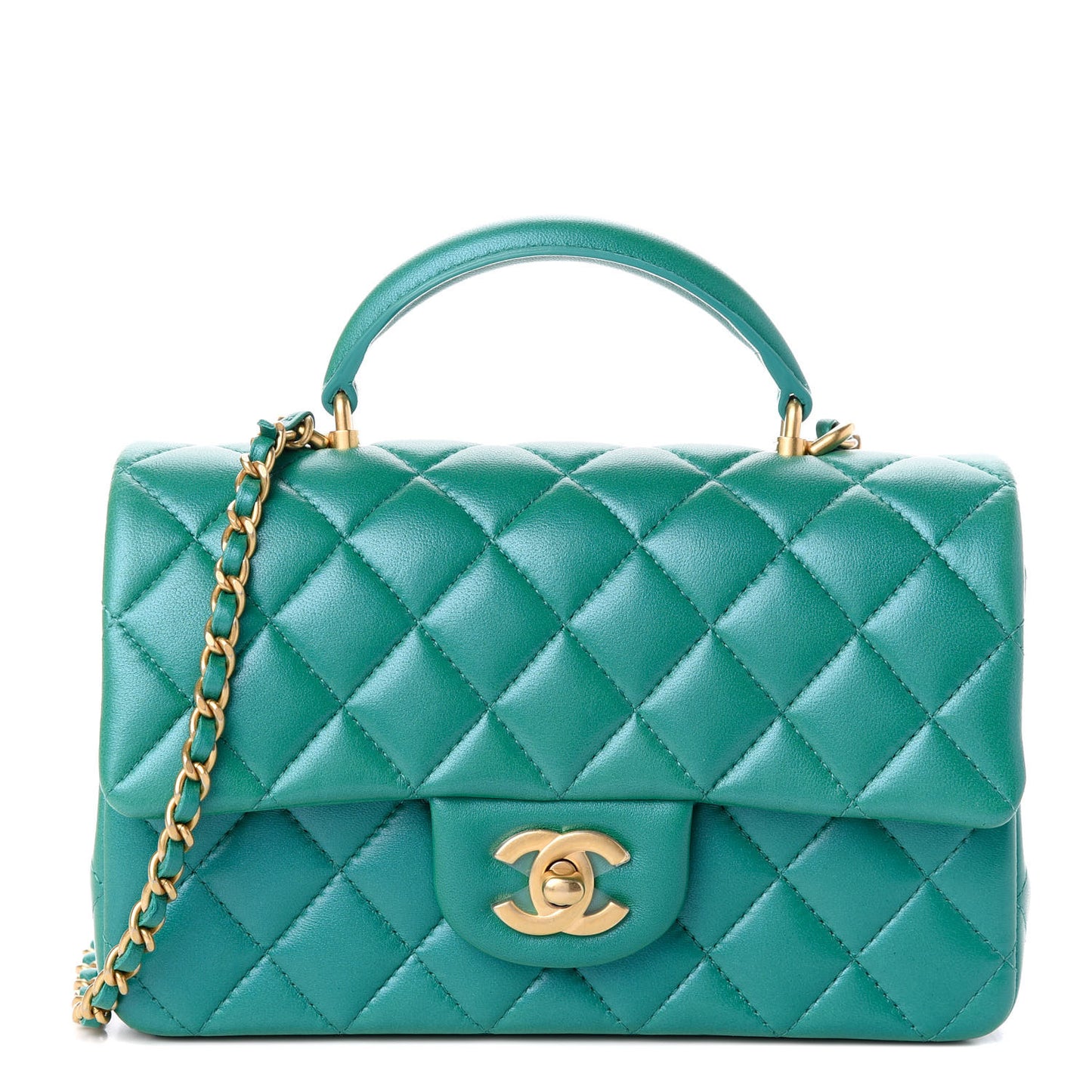 Iridescent Lambskin Quilted Mini Top Handle Rectangular Flap Green