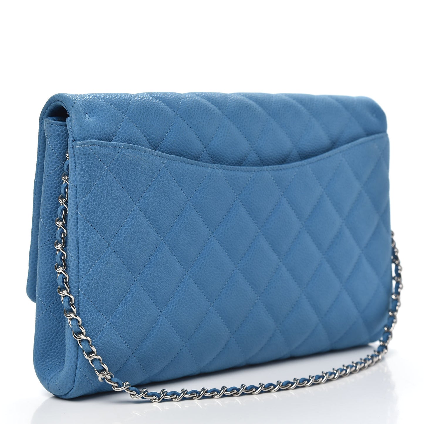 Iridescent Caviar Quilted Clutch With Chain Flap Blue