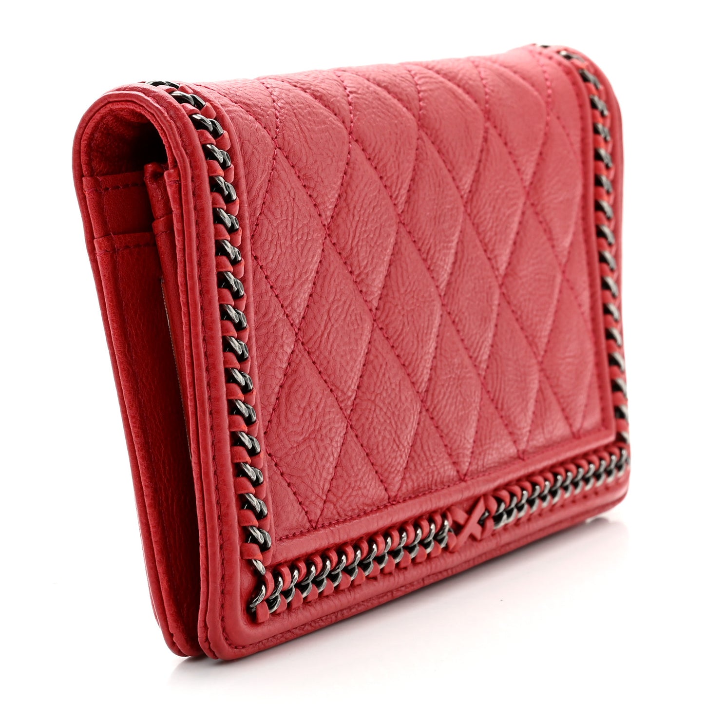 Calfskin Quilted Boy Chain Around Yen Wallet Red
