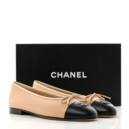 Chanel Lambskin Cap Toe CC Ballerina Flats 39 Beige Black 9 of 9
