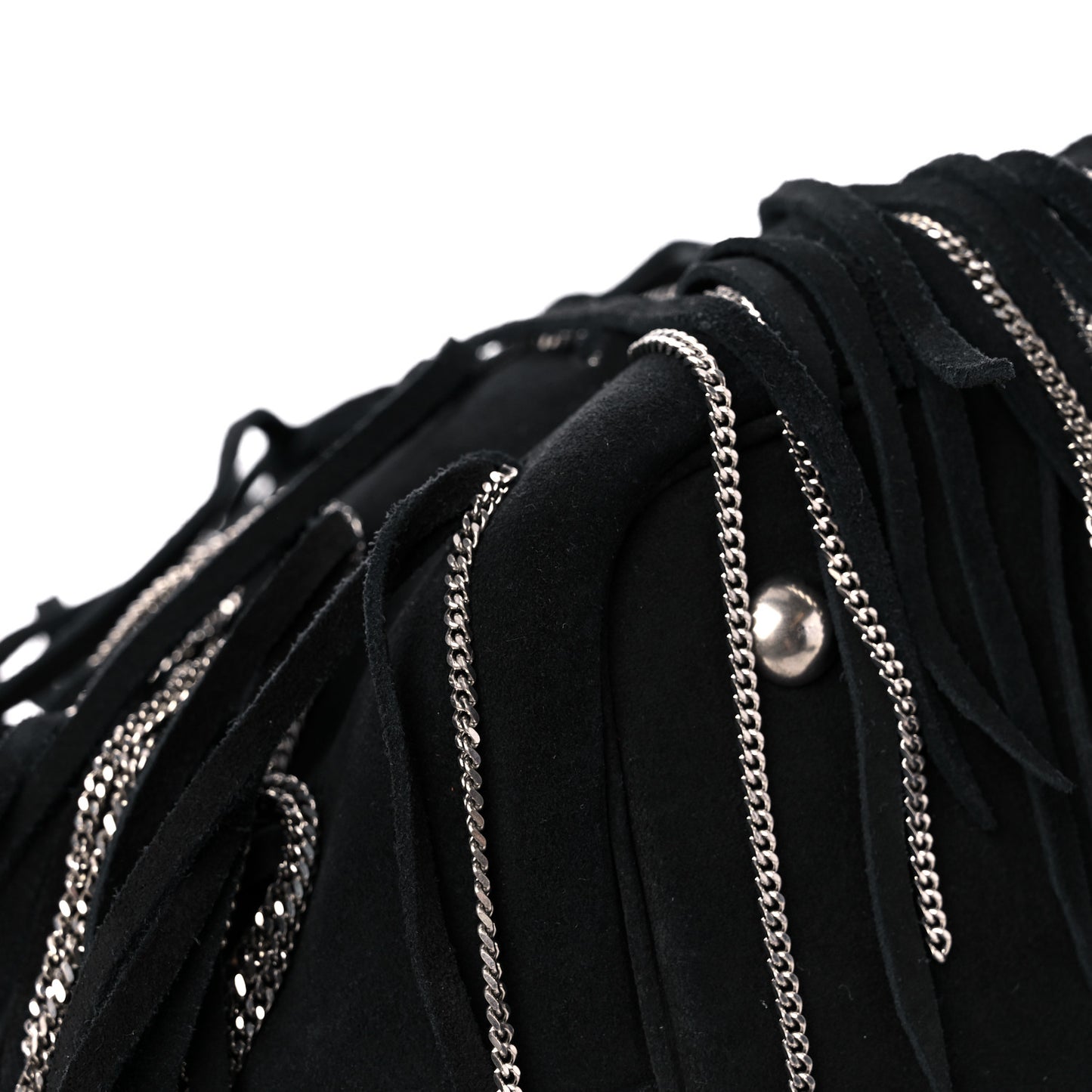 Suede Calfskin Medium Emmanuelle Chain Fringe Bucket Bag Black