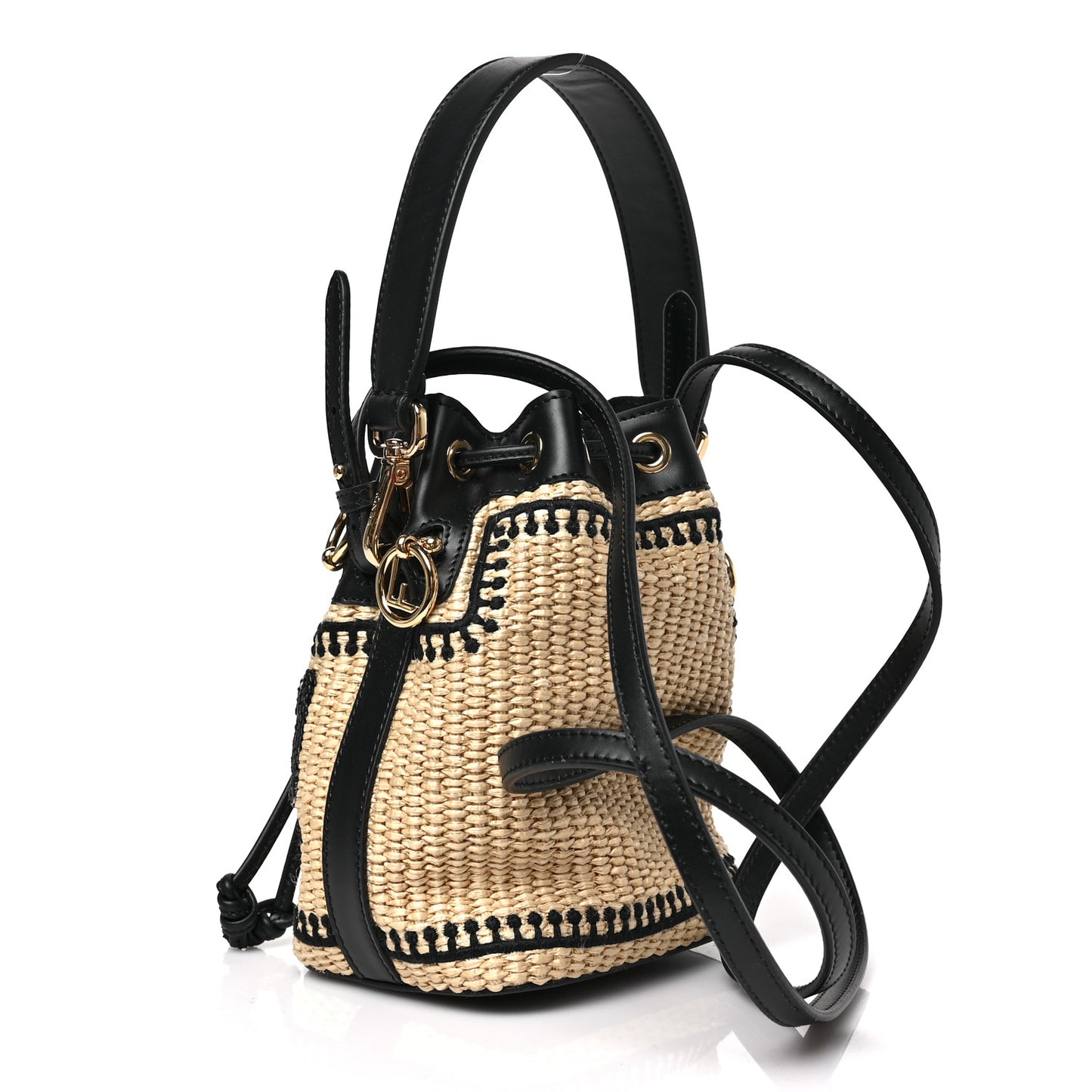 Straw F is Fendi Logo Crochet Mini Mon Tresor Bucket Bag Naturale Black