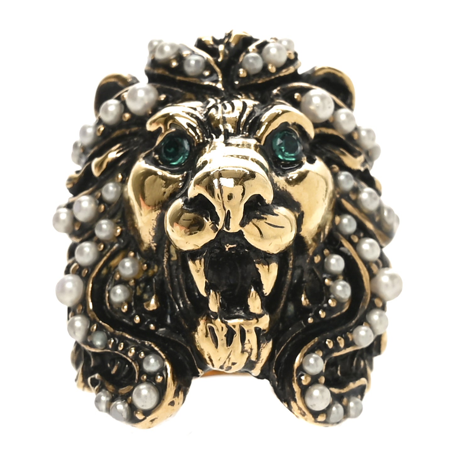 Metal Pearl Crystal Lion Head Ring 58 8.25 Aged Gold