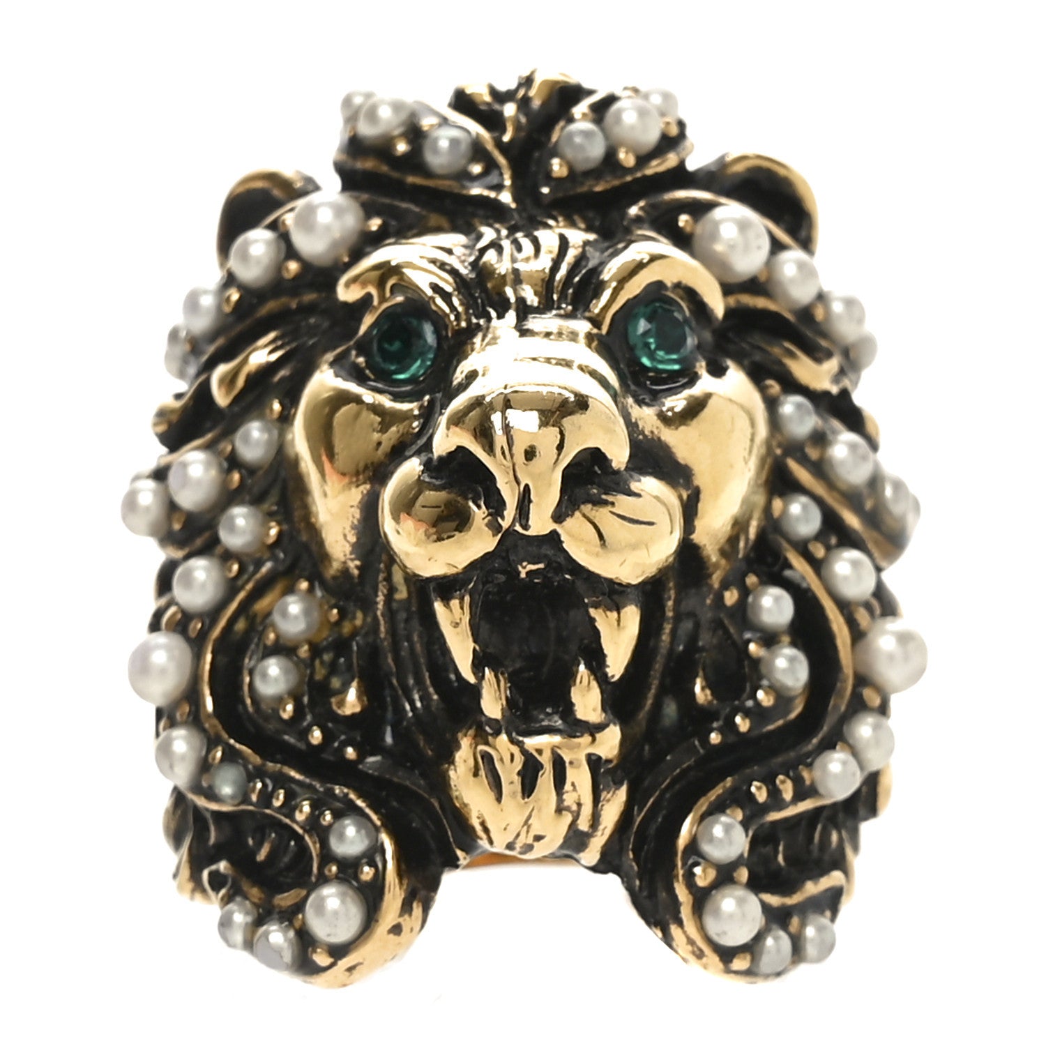 Gucci Metal Pearl Crystal Lion Head Ring 58 8.25 Aged Gold 1 of 4