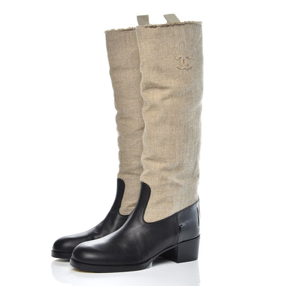 Chanel Fabric Patent Calfskin High Boots 39.5 Beige Black 3 of 7