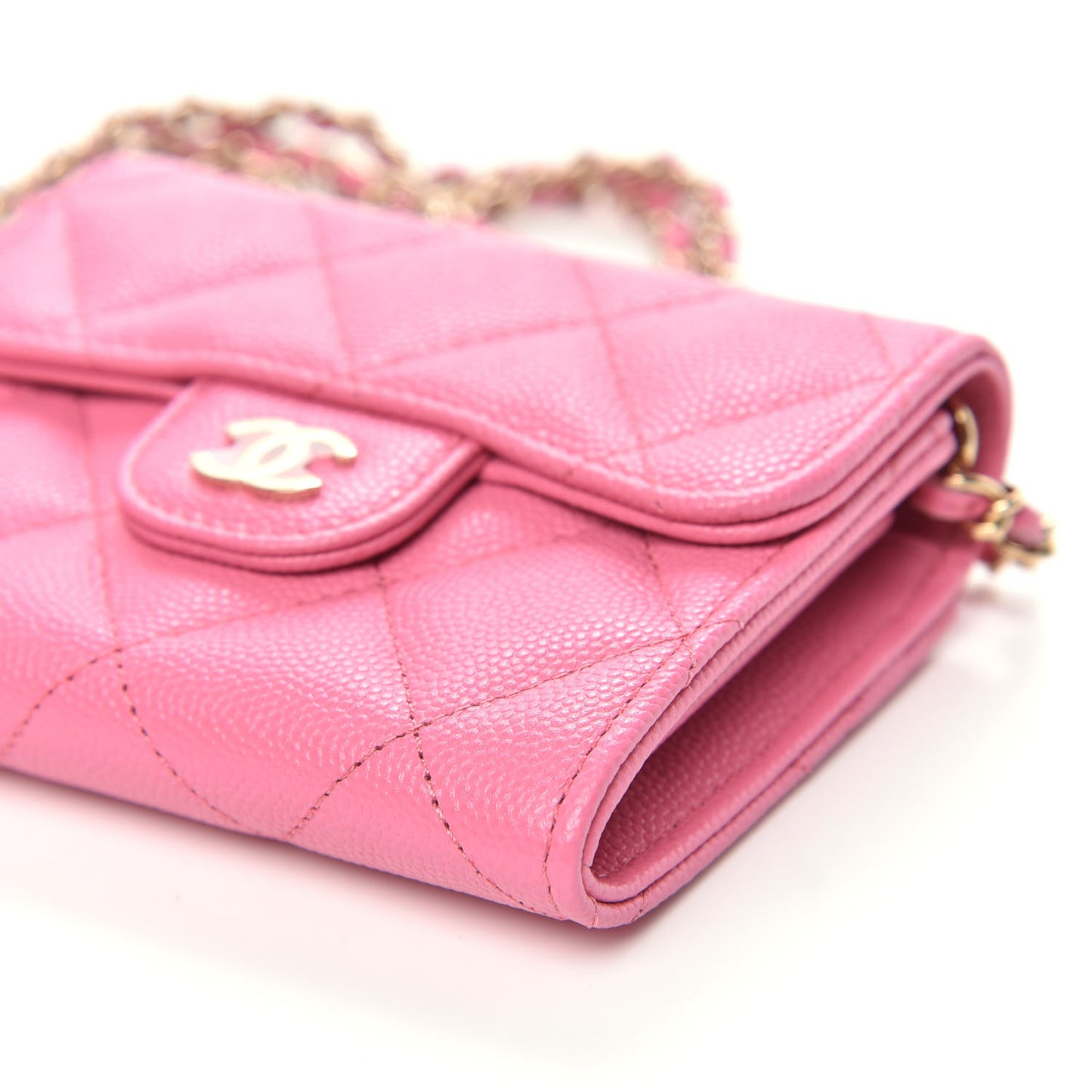 Caviar Quilted Flap Card Holder On Chain Pink