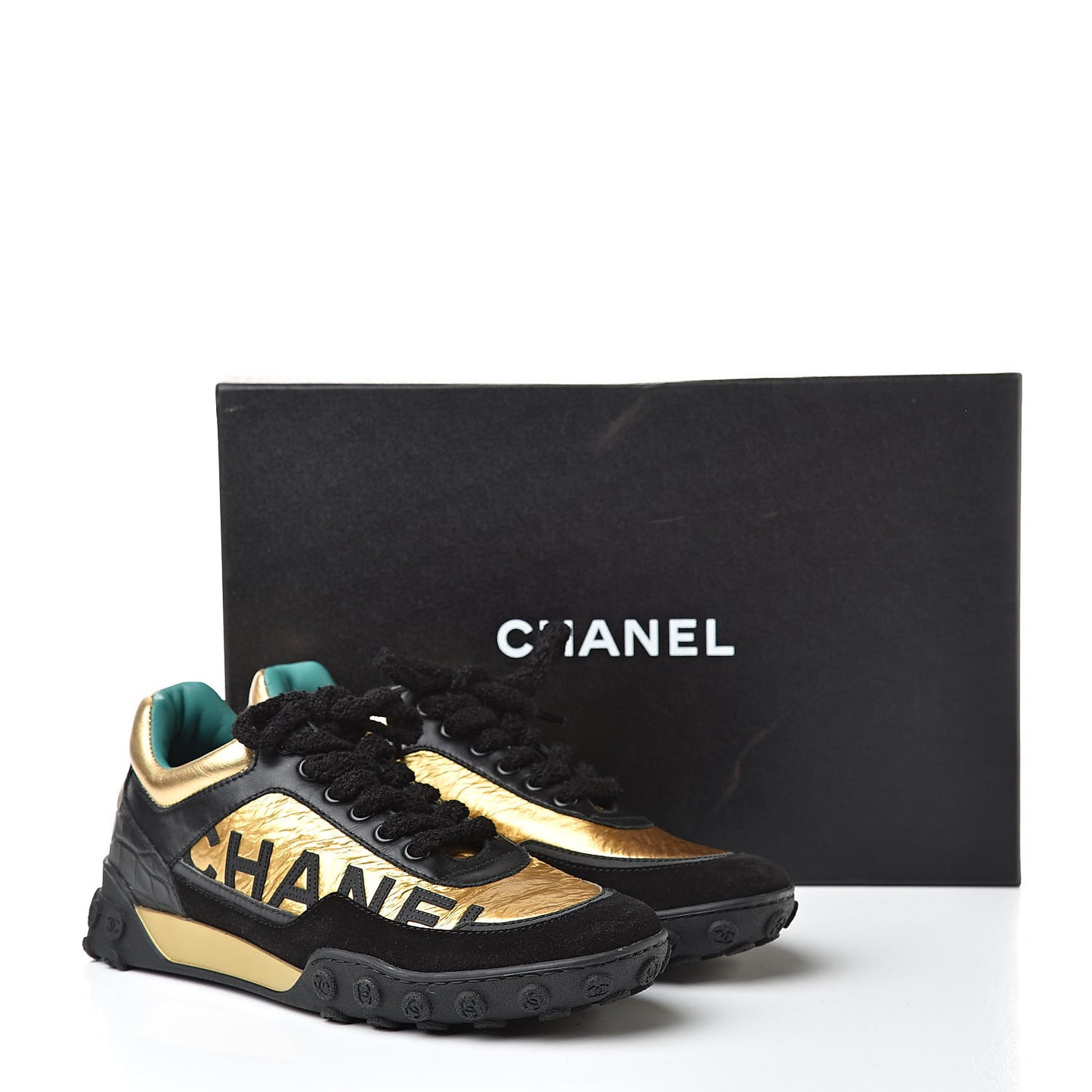 Metallic Fabric Calfskin Suede Crocodile Embossed CC Sneakers 38 Black Gold