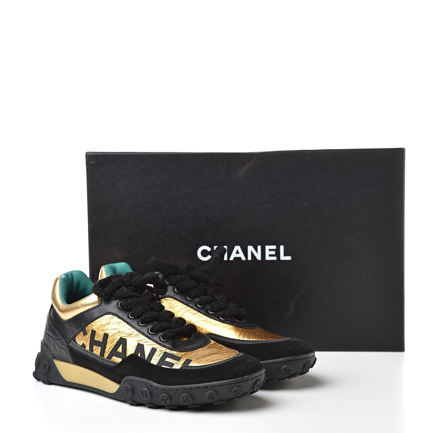 Chanel Metallic Fabric Calfskin Suede Crocodile Embossed CC Sneakers 38 Black Gold 10 of 10