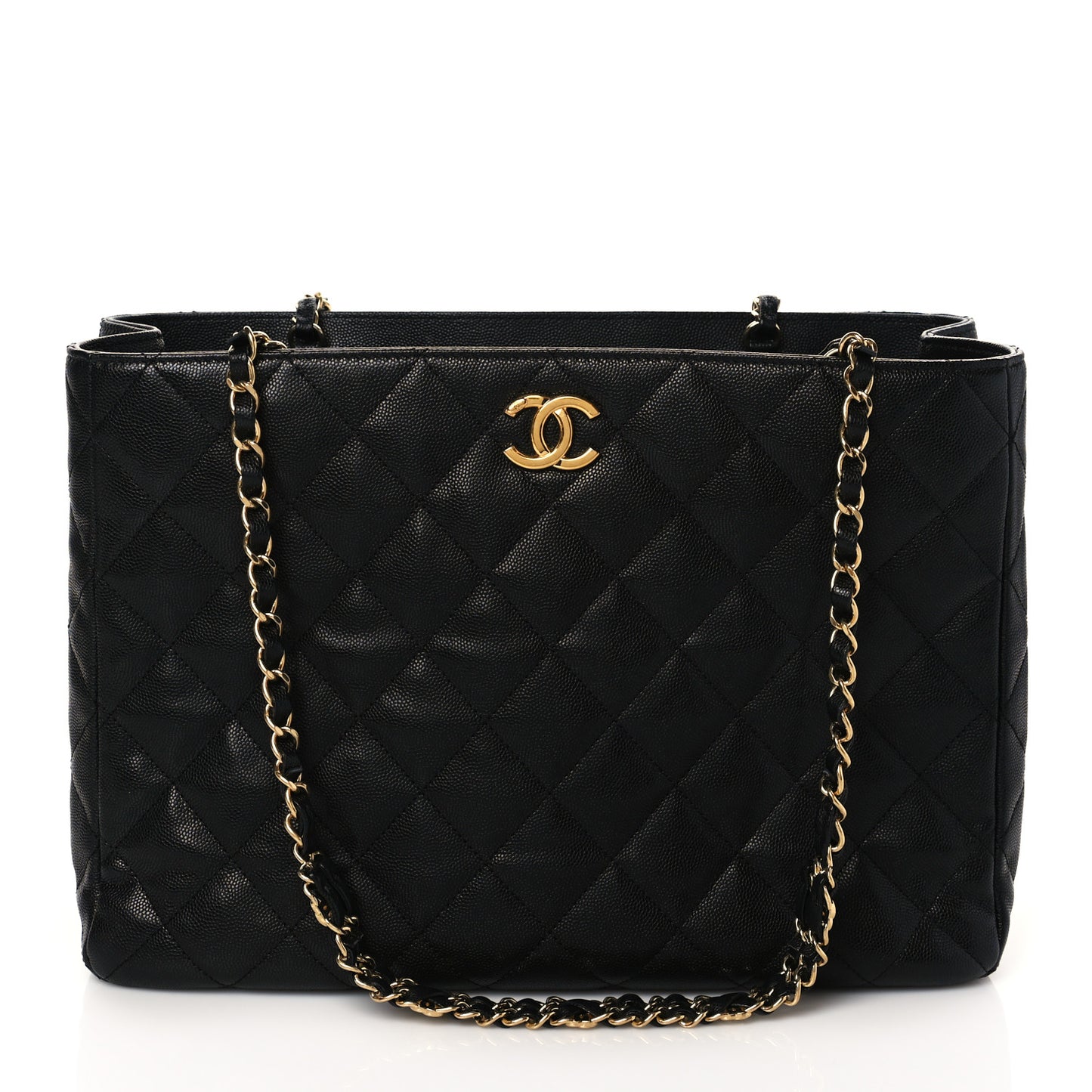 Caviar Quilted Chain Shopping Tote Black
