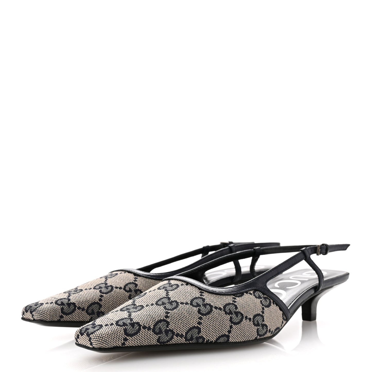 GG Monogram Malaga Kid Square G 35mm Slingback Pumps 36.5 Beige Blue