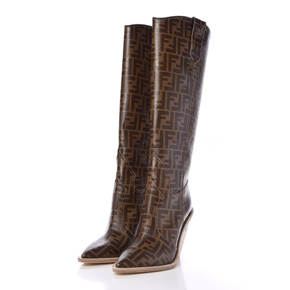 Fendi Glazed Fabric FF 1974 Cutwalk Tall Boots 37.5 Mogano Panna 3 of 8