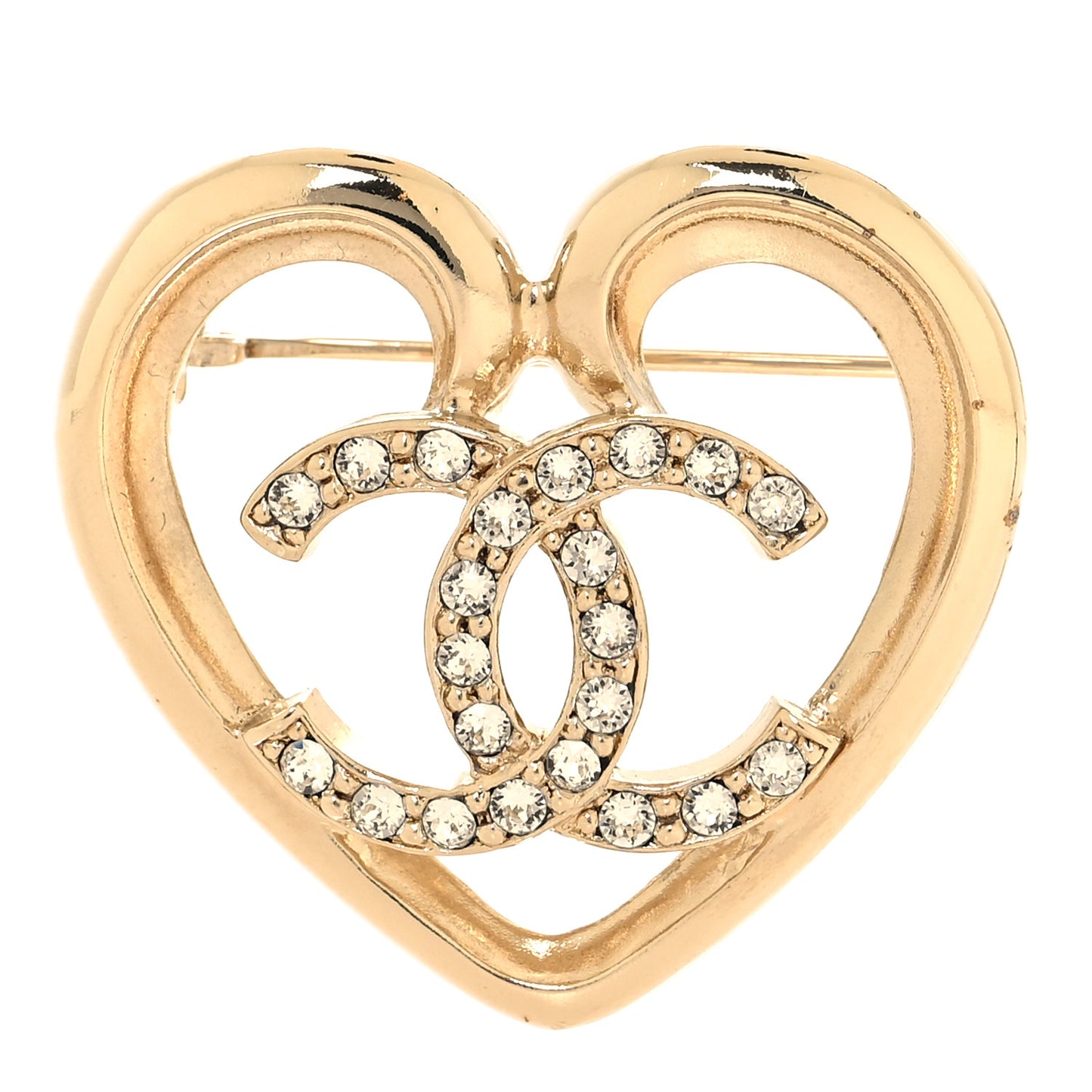 Metal Crystal CC Logo Heart Brooch Gold