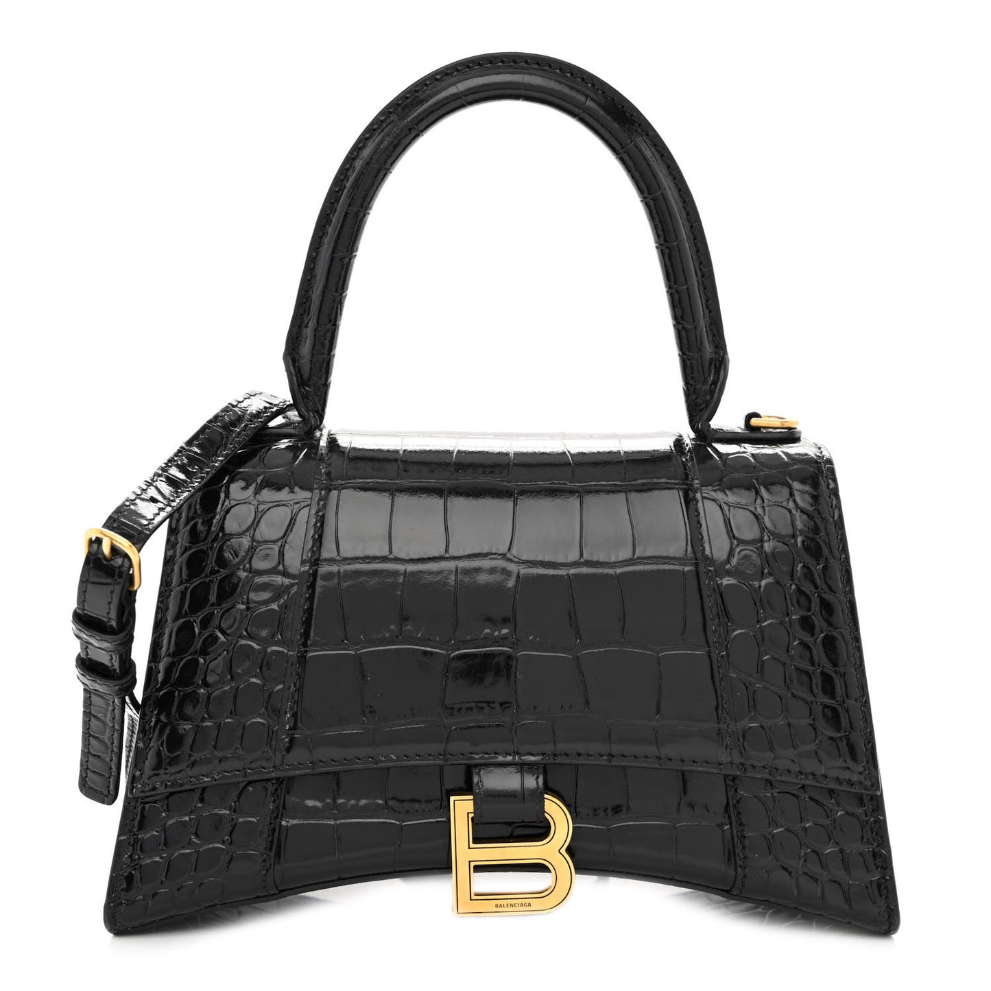 Shiny Calfskin Crocodile Embossed Small Hourglass Top Handle Bag Black