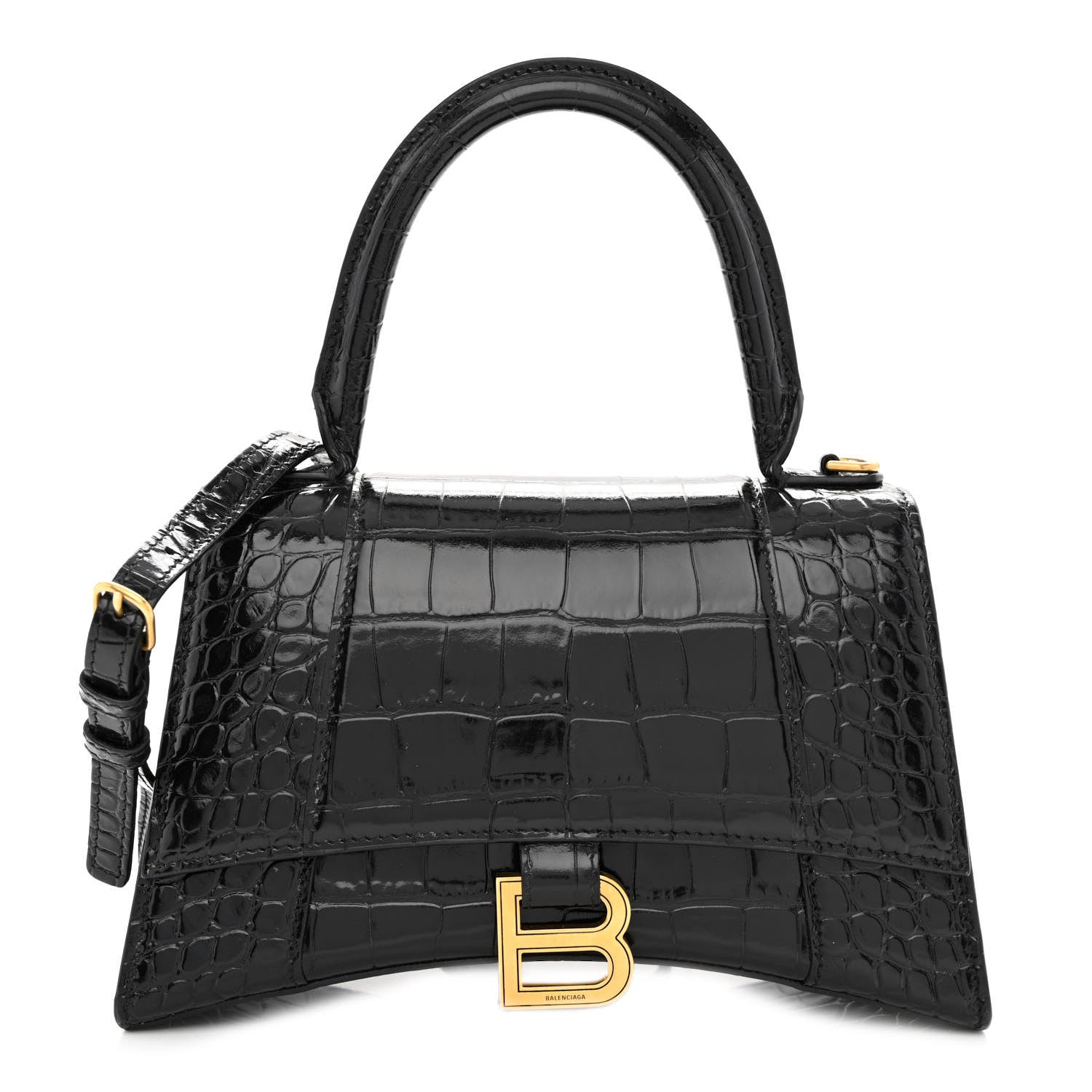 Balenciaga Shiny Calfskin Crocodile Embossed Small Hourglass Top Handle Bag Black 1 of 12