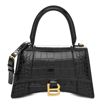 Balenciaga Shiny Calfskin Crocodile Embossed Small Hourglass Top Handle Bag Black 1 of 12