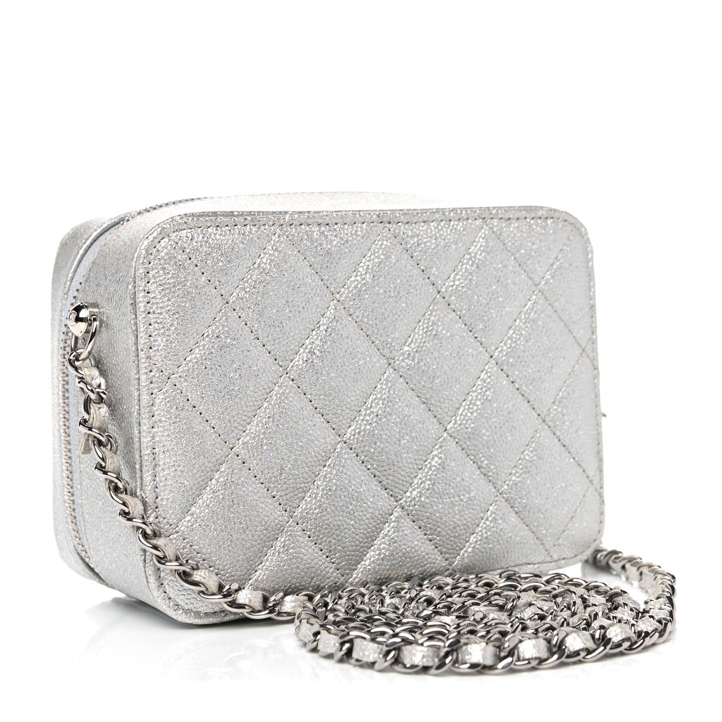 Metallic Caviar Quilted Camera Bag Silver