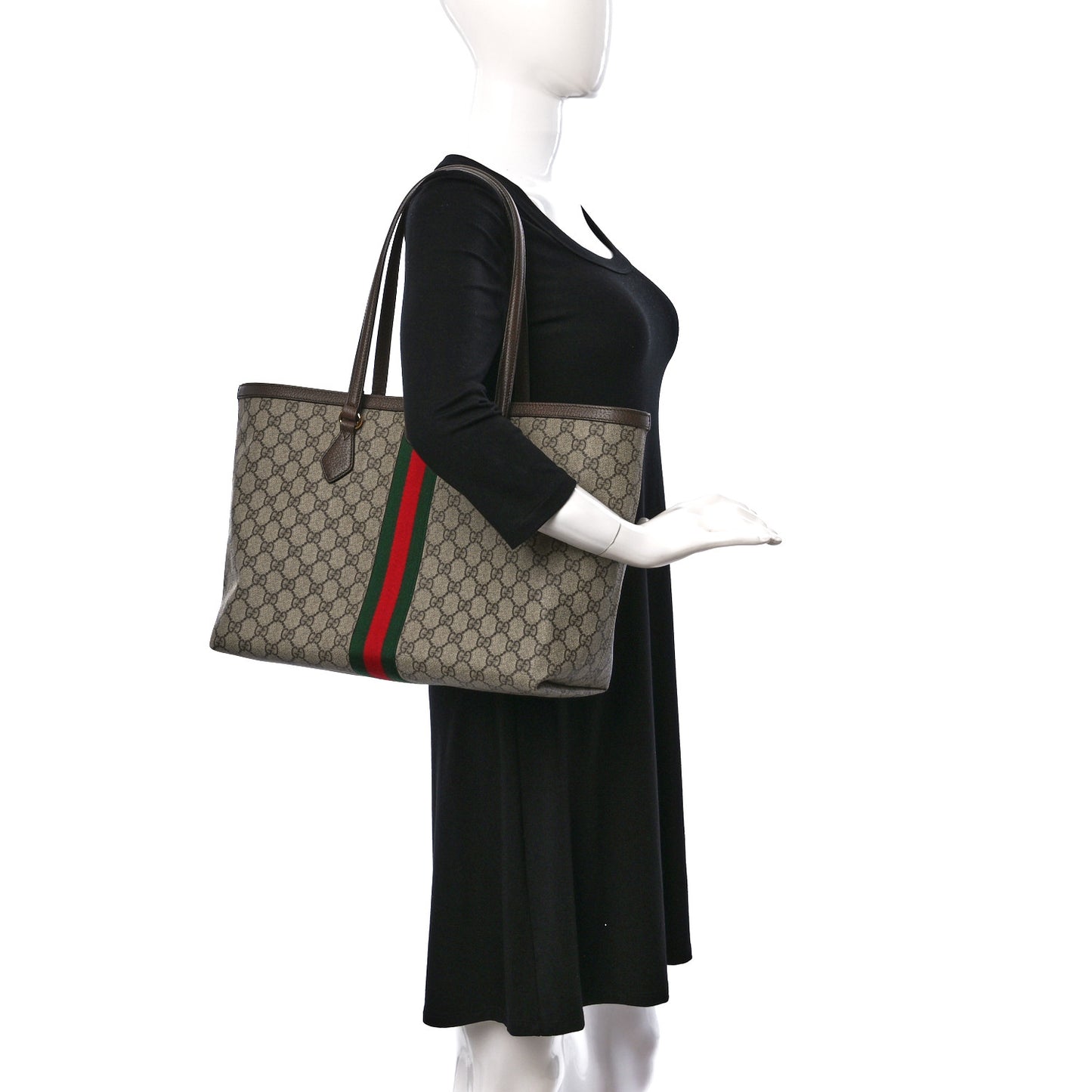 GG Supreme Monogram Textured Calfskin Web Medium Ophidia Shopping Tote Beige Ebony New Acero
