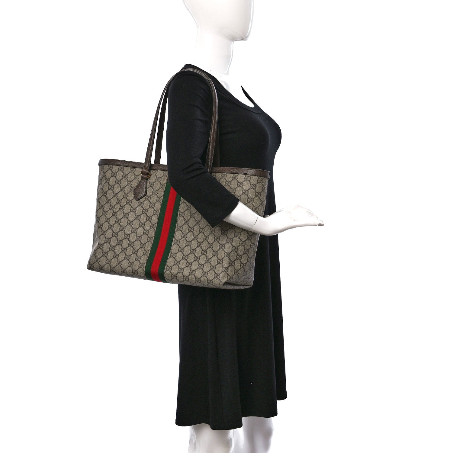 Gucci GG Supreme Monogram Textured Calfskin Web Medium Ophidia Shopping Tote Beige Ebony New Acero 2 of 9