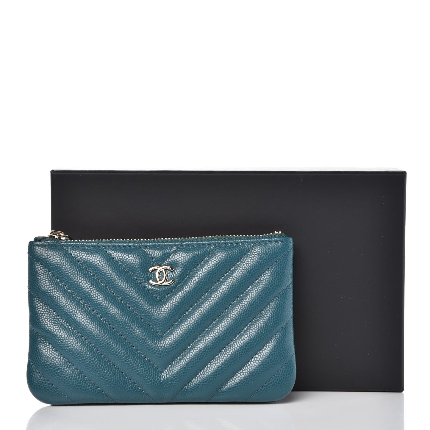 Caviar Chevron Quilted Small Cosmetic Case Dark Turquoise