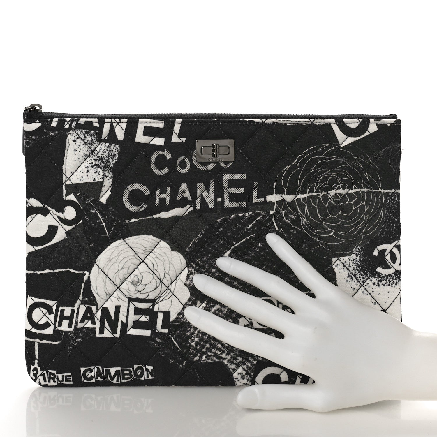 Chanel Jersey Quilted Graffiti Large Reissue Cosmetic Case Black White 2 of 9