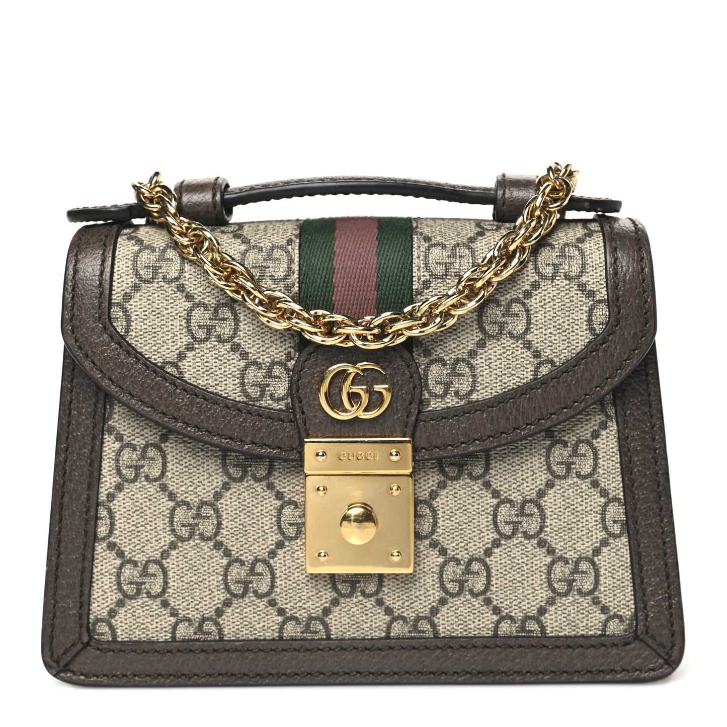 GG Supreme Monogram Textured Dollar Calfskin Web Mini Ophidia Padlock Top Handle Chain Shoulder Bag Beige Ebony New Acero