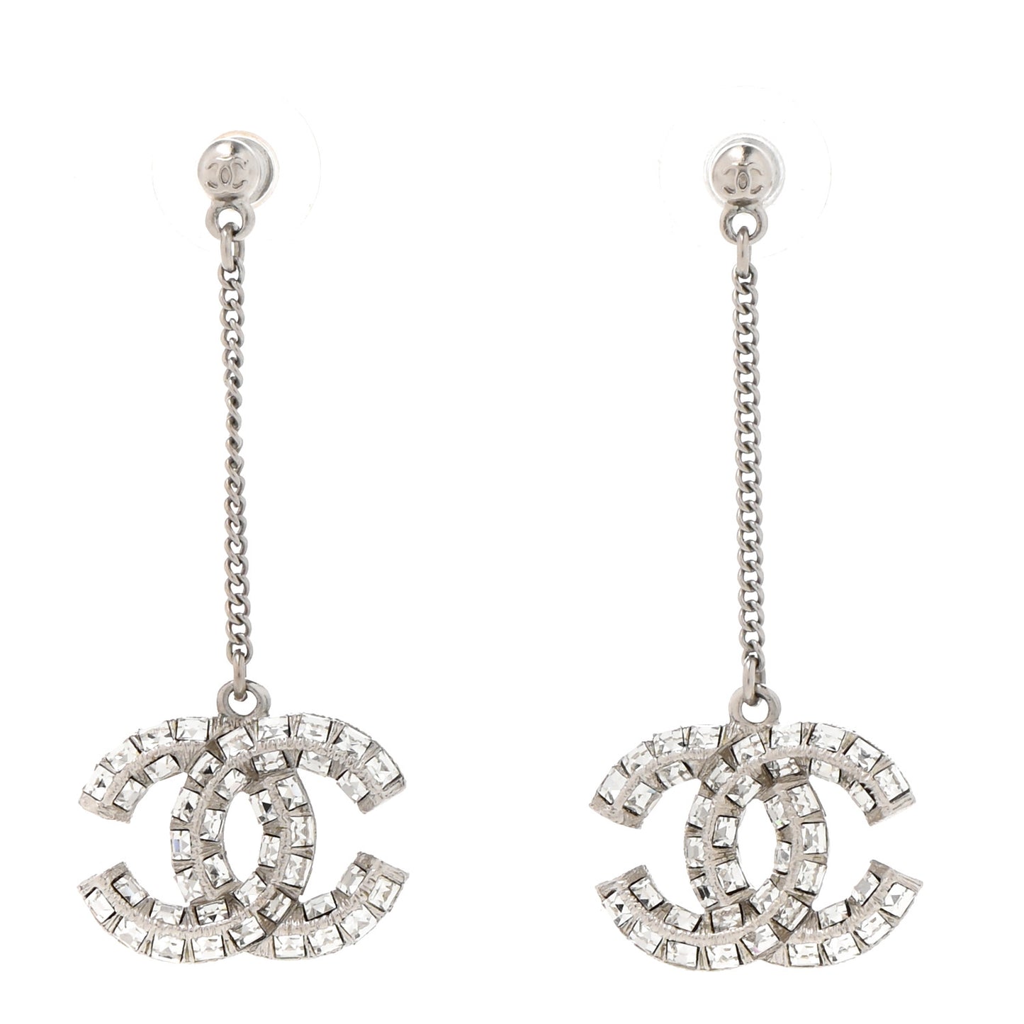 Baguette Crystal CC Drop Earrings Silver