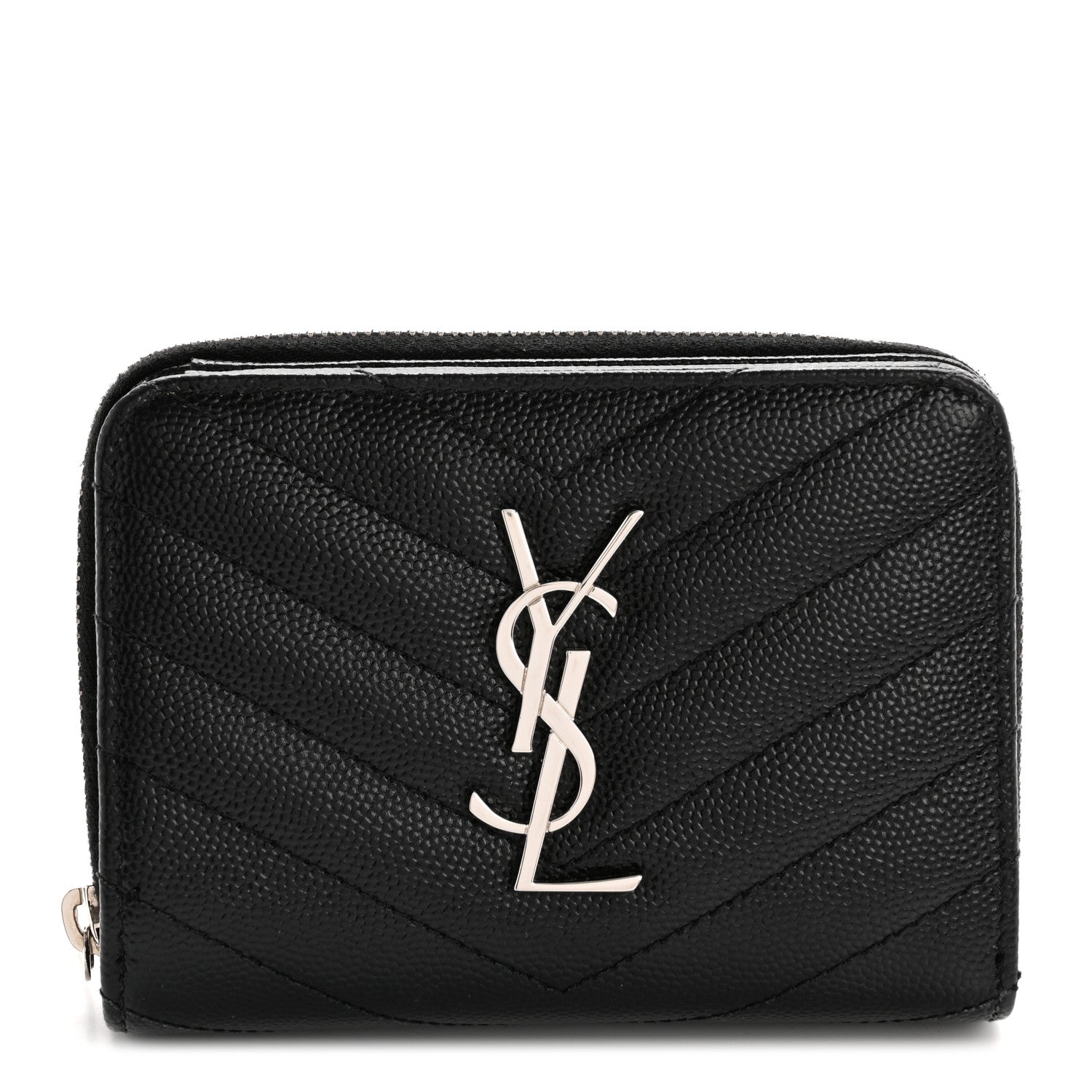 Saint Laurent Grain De Poudre Matelasse Chevron Monogram Compact Zip Around Wallet Black 1 of 11