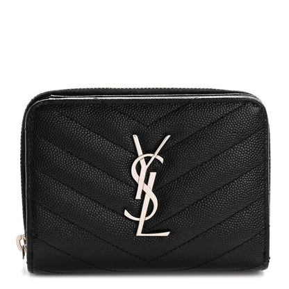 Saint Laurent Grain De Poudre Matelasse Chevron Monogram Compact Zip Around Wallet Black 1 of 11