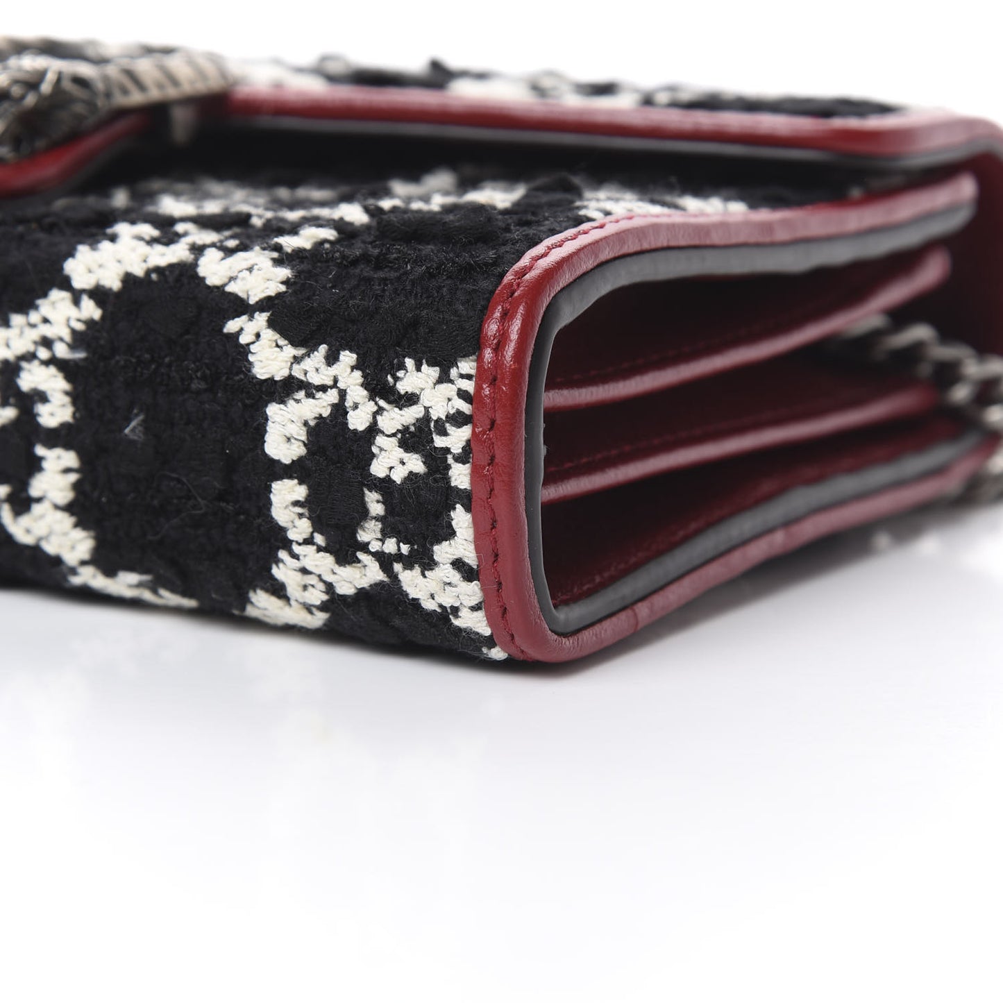 Tweed GG Monogram Mini Dionysus Chain Wallet Black White Romantic Cherry