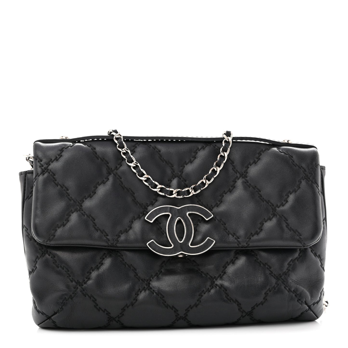 Calfskin Quilted Double Stitch Hamptons Clutch with Chain Black