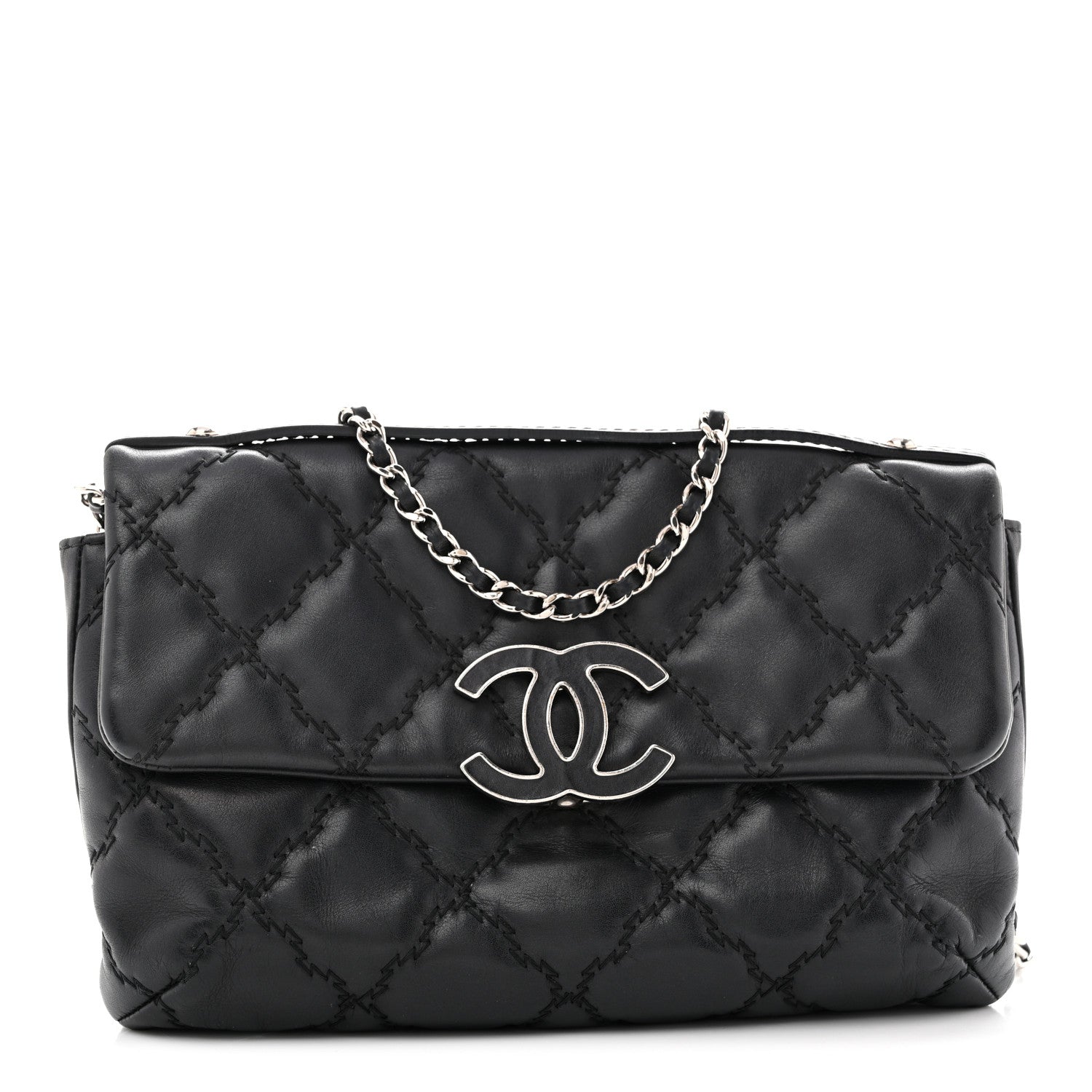 Chanel Calfskin Quilted Double Stitch Hamptons Clutch with Chain Black 1 of 11