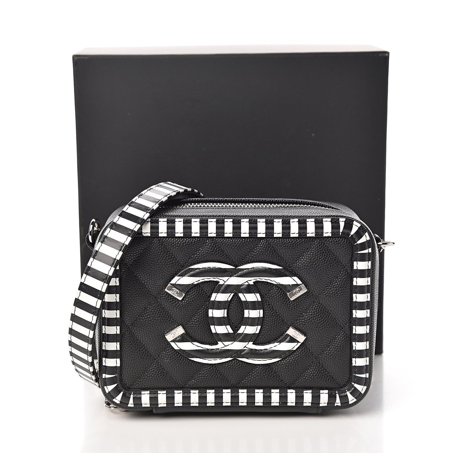 Caviar Quilted Striped Filigree Vanity Clutch With Chain Black White