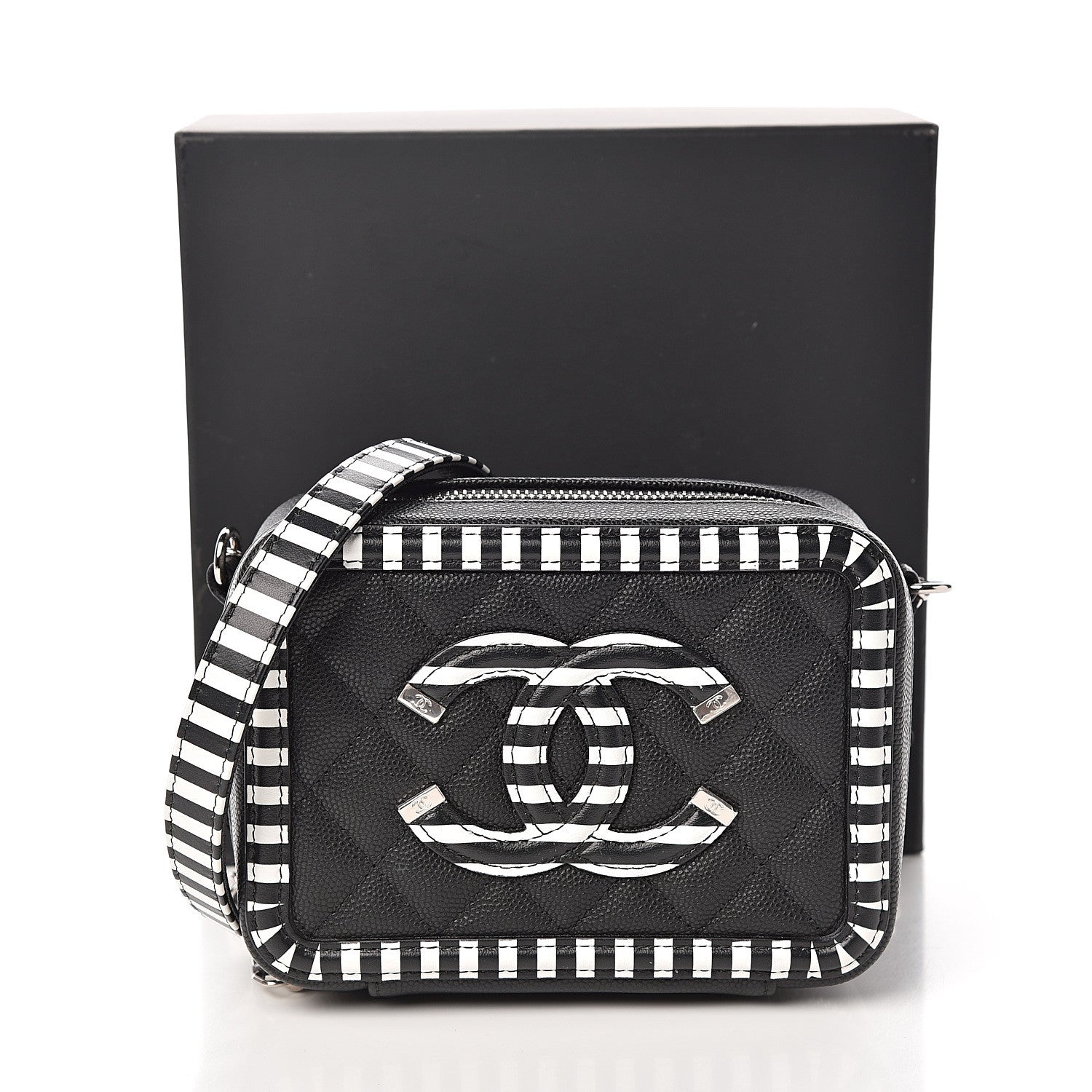 Chanel Caviar Quilted Striped Filigree Vanity Clutch With Chain Black White 9 of 9