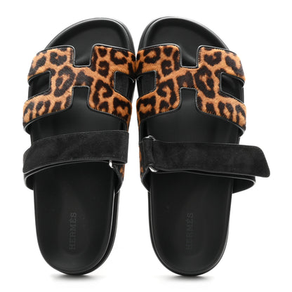 Hermes Moire Calfskin Suede Goatskin Womens Leopard Chypre Sandals 38 Gold Black 2 of 9