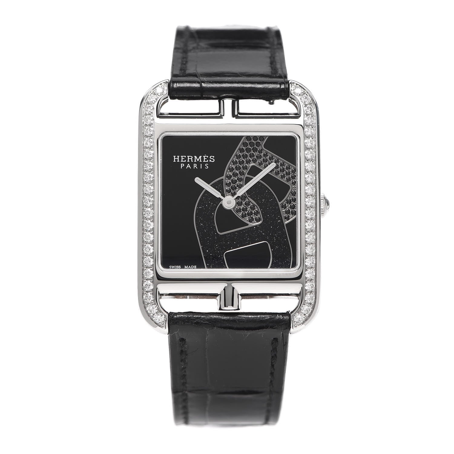 Hermes Stainless Steel Alligator Diamond Black Spinel 29mm Cape Cod Chaine d'Ancre Joaillier Quartz Watch Noir 1 of 5