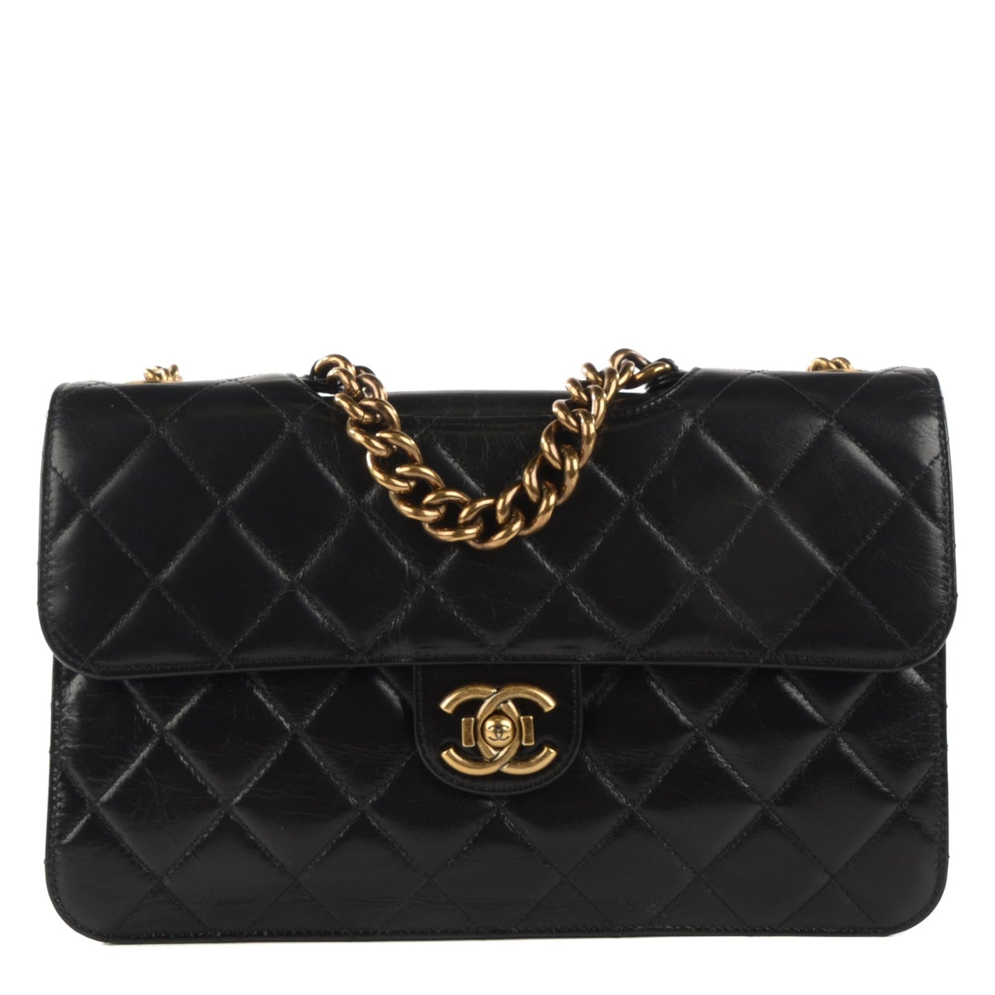 Glazed Calfskin Quilted Large Perfect Edge Flap Black