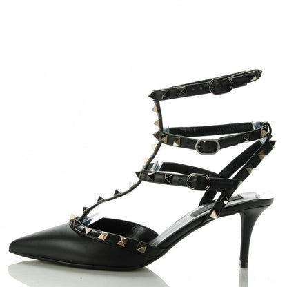 Valentino Garavani Nappa Rockstud Ankle Strap Low Heel Pumps 38 Black 1 of 6