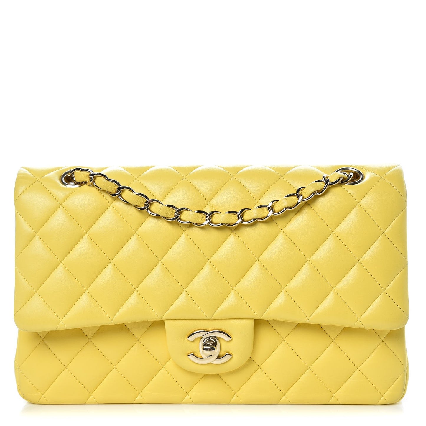 Lambskin Quilted Medium Double Flap Yellow