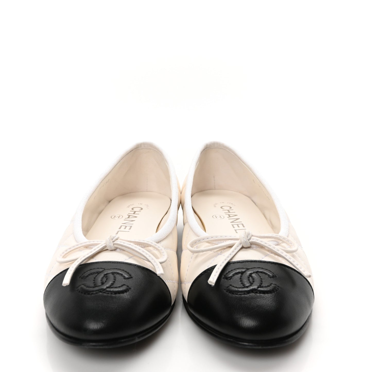 Canvas Lambskin Quilted CC Cap Toe Ballerina Flats 36 White Black