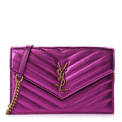 Saint Laurent Metallic Calfskin Matelasse Chevron Monogram Envelope Chain Wallet Fuchsia 1 of 9
